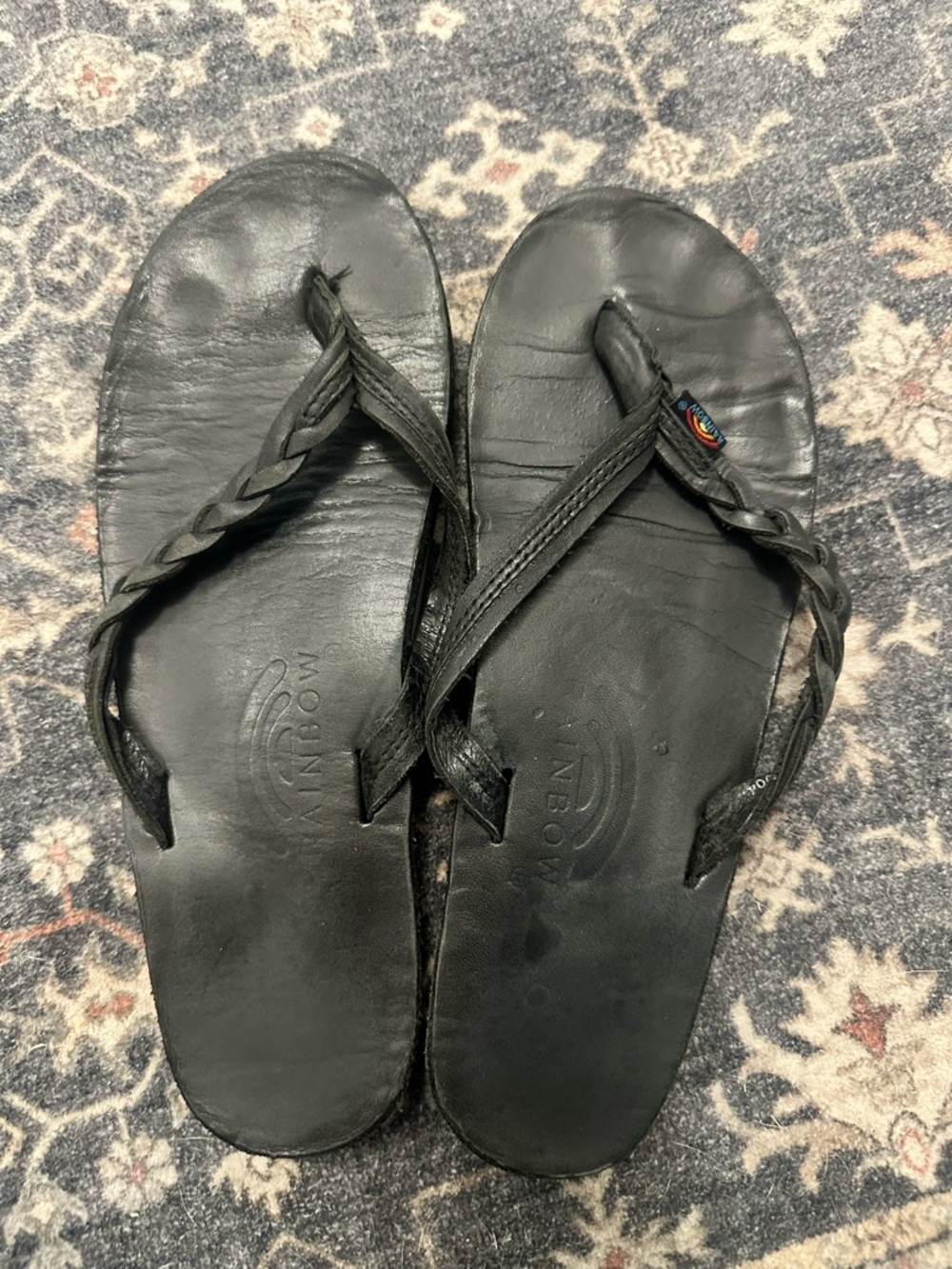 Rainbow Black Braided Leather Flip Flops